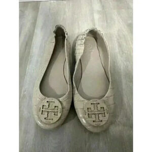 Tory Burch Women Jamaica Sand Croc Leather Logo Ballet Flats‎ Size 5